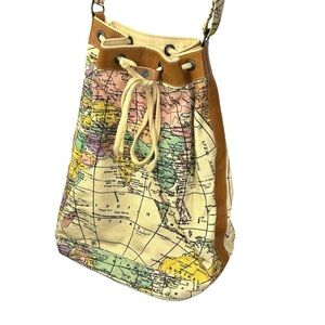 Vintage World Map Tote Barrel Overnight travel bag Canvas Leather Passports Pier